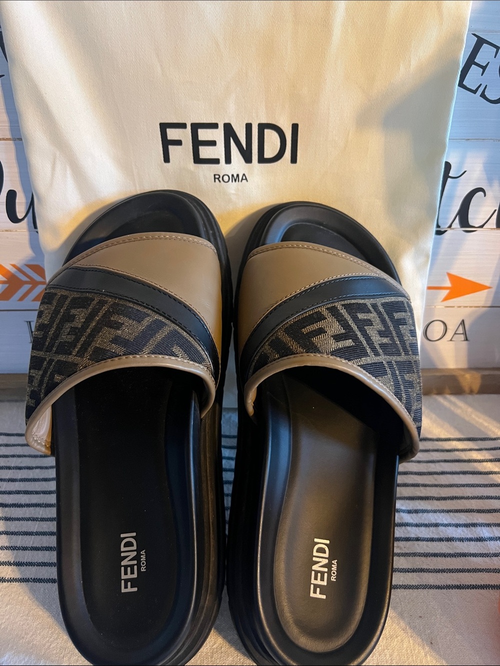 Fendi Beige and Black FF Canvas Slide Sandals (No Box)